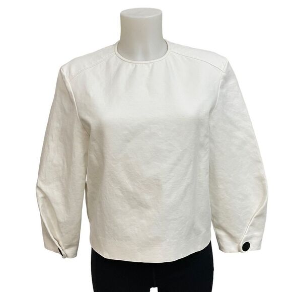 ba&sh white crew neck twill 3/4 sleeve crop blouse‎ size 0 - Picture 1 of 11